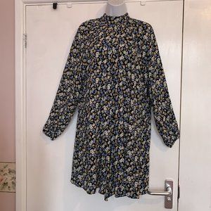 Womens Long Sleeve Multicoloured Floral Smock Dress High Neck